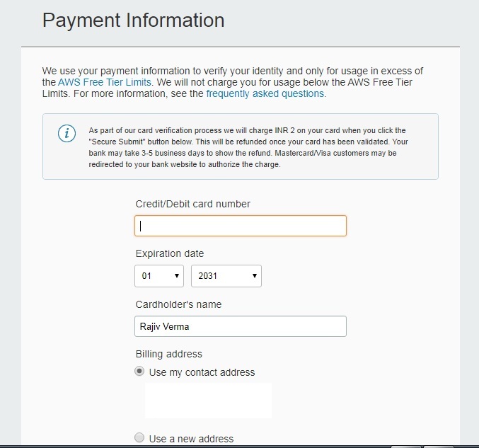 Adding payment method to aws account